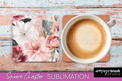 Watercolor Flowers Square Coaster - Floral Pink Sublimation Product Image 1