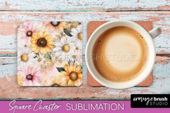 Watercolor Flowers Square Coaster - Floral Pink Sublimation Product Image 1