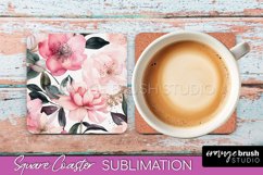 Watercolor Flowers Square Coaster - Floral Pink Sublimation Product Image 1