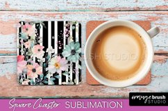 Watercolor Flowers Square Coaster - Floral Pink Sublimation Product Image 1