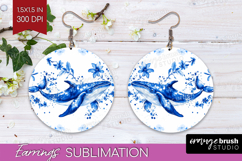Whale Floral Round Earrings Blue Flowers PNG Sublimation Product Image 1