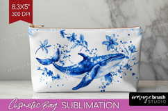Whale Floral Cosmetic Bag Blue Flowers Makeup Bag PNG Product Image 1