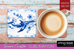 Whale Floral Square Coaster Blue Flowers Coaster PNG Product Image 1