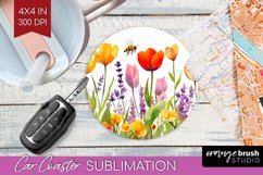 Wildflowers Car Coaster - Watercolor Flowers Coaster PNG Product Image 1