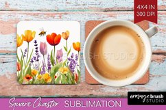 Wildflowers Square Coaster - Watercolor Flowers Coaster PNG Product Image 1