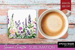 Wildflowers Square Coaster - Watercolor Flowers Coaster PNG Product Image 1