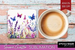 Wildflowers Square Coaster - Watercolor Flowers Coaster PNG Product Image 1