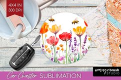 Wildflowers Car Coaster - Watercolor Flowers Coaster PNG Product Image 1