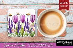 Wildflowers Square Coaster - Watercolor Flowers Coaster PNG Product Image 1