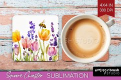 Wildflowers Square Coaster - Watercolor Flowers Coaster PNG Product Image 1