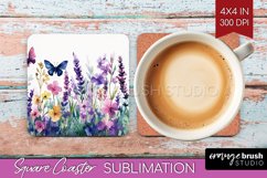 Wildflowers Square Coaster - Watercolor Flowers Coaster PNG Product Image 1