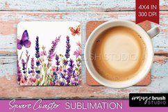 Wildflowers Square Coaster - Watercolor Flowers Coaster PNG Product Image 1