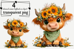 Whimsical Summer Highland Cow Clipart Watercolor PNG Product Image 1
