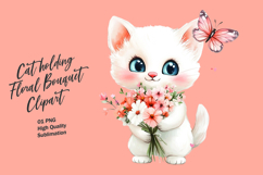 Cat holding floral bouquet watercolor clipart Product Image 1