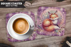 Cute Fox, Fantasy &amp; Whimsy, Buffalo Plaid Square Coaster PNG Product Image 1