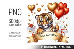 Cute Tiger Clipart PNG, Valentine&#039;s Day Animal PNG File Product Image 1
