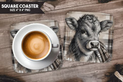 Cute Cow, Farm Animals, Buffalo Plaid Square Coaster PNG Product Image 1