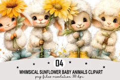 Whimsical Sunflower Baby Animals Clipart Watercolor png Product Image 1