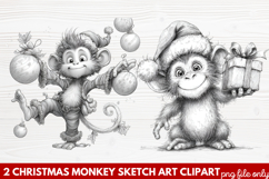 Christmas Monkey Sketch Art Clipart | Hand-Drawn Holiday Product Image 1