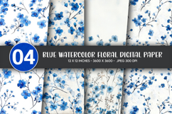 Blue Watercolor Floral Digital Paper Product Image 1