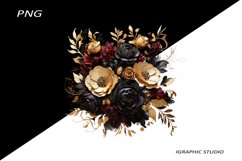 Black and Gold Flowers PNG, Watercolor Floral, Bouquet Product Image 1
