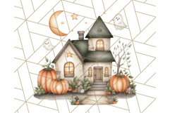 Watercolor Halloween Cottage Clipart, Ghosts &amp; Pumpkins Png Product Image 4