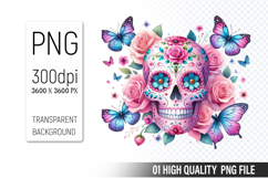 Sugar Skull Clipart PNG, Sublimation Skull Flowers Product Image 1