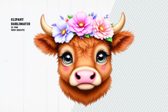Cute cow, crown flower, watercolor clipart Product Image 1