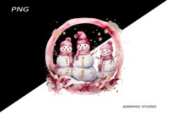 Pink Snowman Clipart, Gold and Pink Chistmas Clipart Product Image 1