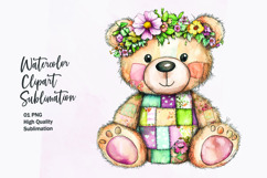 watercolor cute kawai teddy bear patchwork patterned clipart Product Image 1
