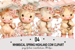 Whimsical Spring Highland Cow Clipart Watercolor PNG Product Image 1