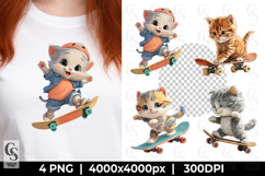 Cute Cartoon Cat on Skateboard Clipart Sublimation PNG Product Image 1