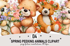 Whimsical Spring Peeking Animals Clipart Watercolor png Product Image 1