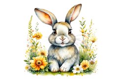 Watercolor Bunny Daisy Flowers Spring Clipart Sublimation PN Product Image 1