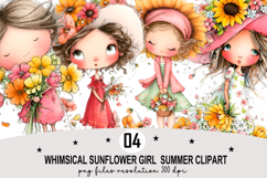 Whimsical Sunflower Girl Summer Clipart Watercolor png Product Image 1