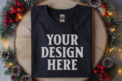 Gildan 64000 Black Folded Christmas Flat Lay T-shirt Mockup Product Image 1