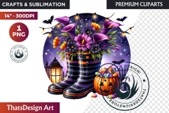 Halloween Floral Rain Boots - Cute Witchy Garden Clipart PNG Product Image 1