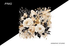 Black and Gold Flowers PNG, Watercolor Floral, Bouquet Product Image 1
