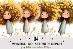 Whimsical Girl &amp; Flowers Clipart Watercolor Png Product Image 1