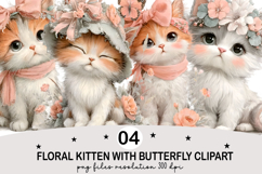 Floral Kitten with Butterfly Clipart Watercolor png Product Image 1