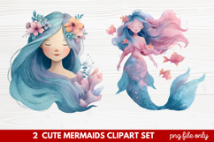 2 Cute Mermaids Clipart Set | Whimsical Mermaid Illustration Product Image 1