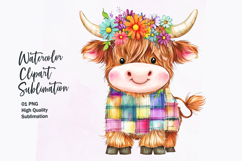 Watercolor kawaii highland cow patchwork patterned clipart Product Image 1