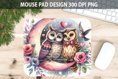 Watercolor Owl Mouse Pad Sublimation - Valentines PNG Product Image 1