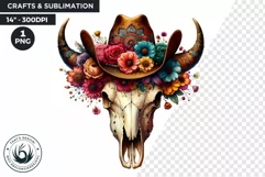 Floral Cow skull with cowboy hat PNG clipart for sublimation Product Image 1