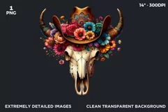 Floral Cow skull with cowboy hat PNG clipart for sublimation Product Image 2