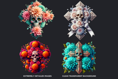 Floral Day of Dead Crosses Clipart Set Sugar skull PNG Product Image 3