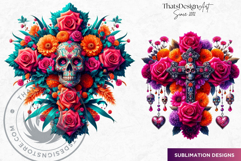 Floral Day of Dead Crosses Clipart Set Sugar skull PNG Product Image 6