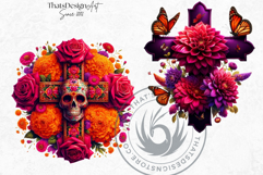 Floral Day of Dead Crosses Clipart Set Sugar skull PNG Product Image 8