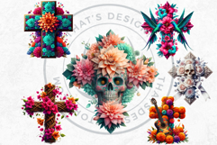 Floral Day of Dead Crosses Clipart Set Sugar skull PNG Product Image 9