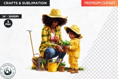 Watercolor Mothers day Clipart,Mother child gardening,spring Product Image 1